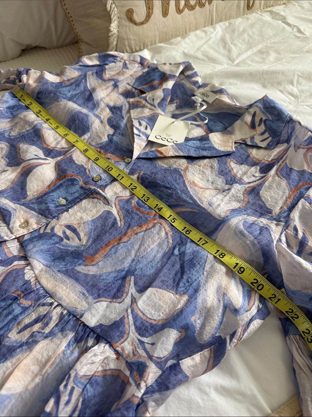 CeCe Blue and Cream Abstract Ruffle Button-Up Top - Picture 6 of 9